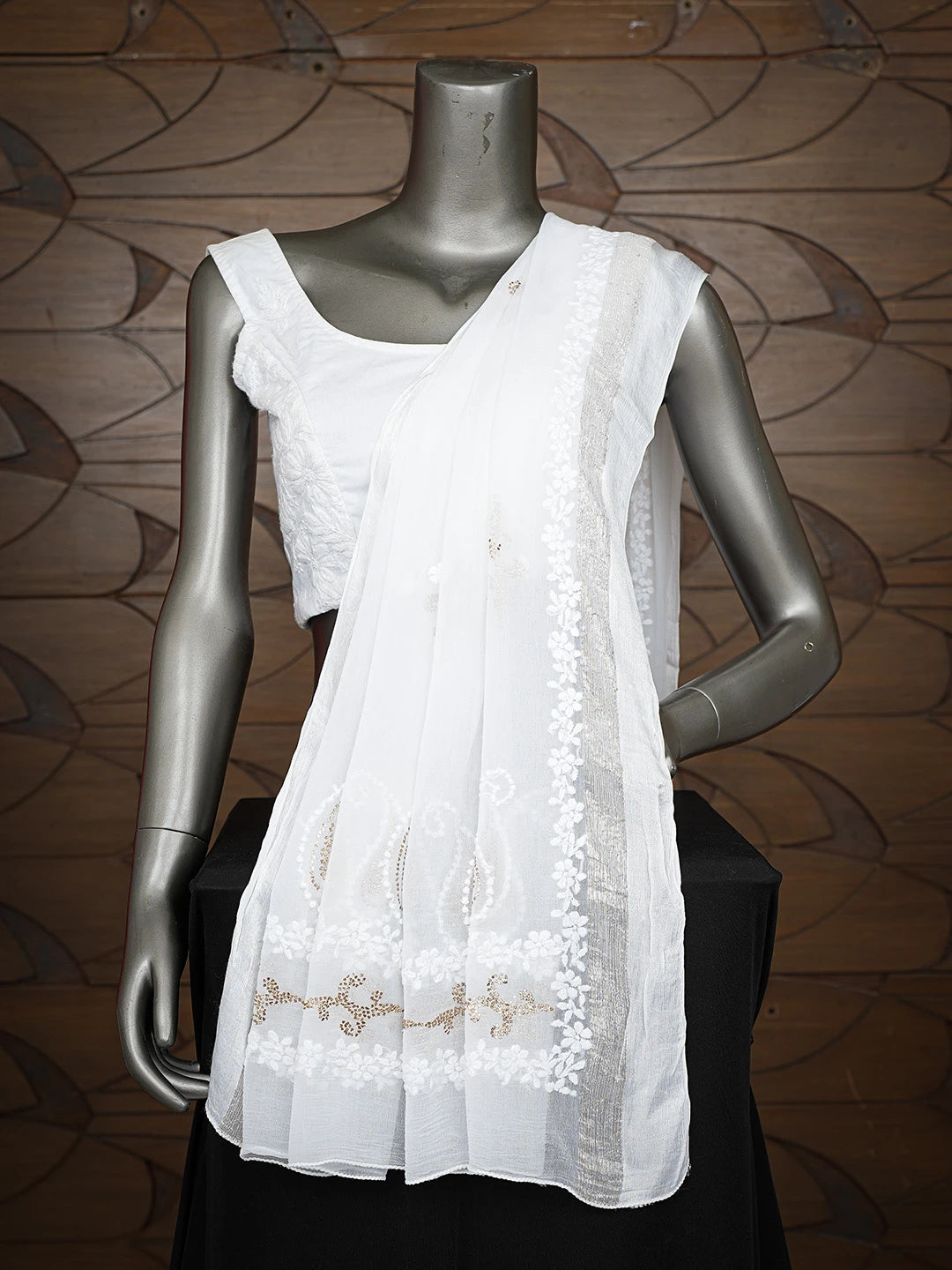 Ada Hand Embroidered White Chiffon Lucknowi Chikankari Dupatta With Mukaish Work 01A527491