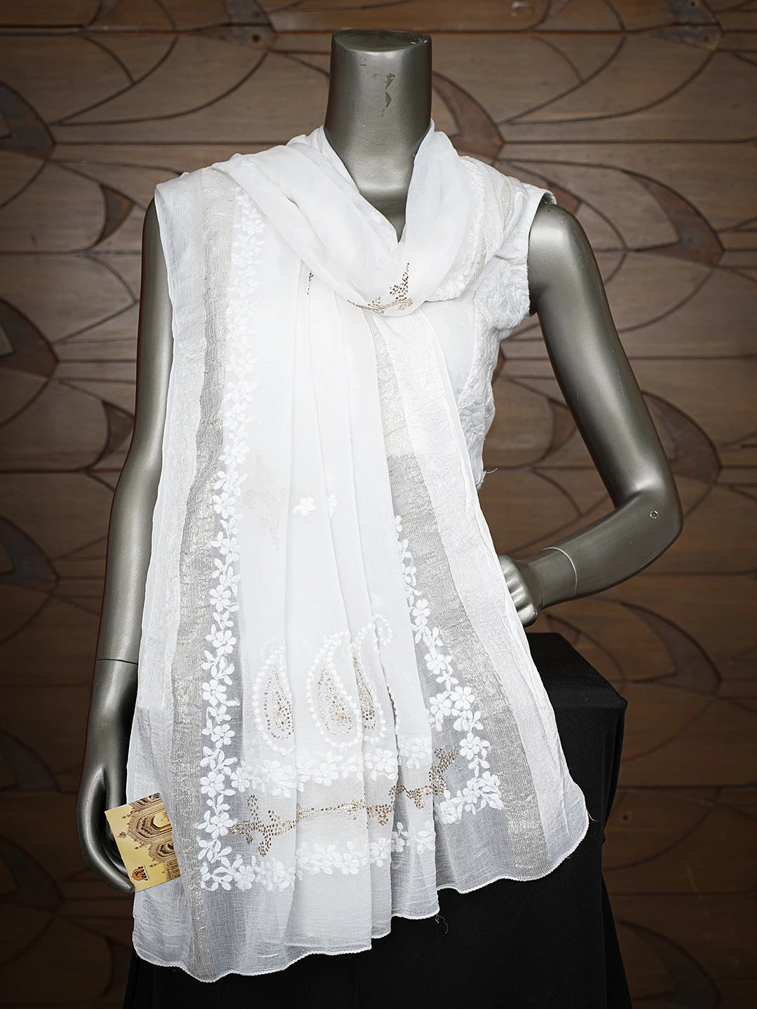 Ada Hand Embroidered White Chiffon Lucknowi Chikankari Dupatta With Mukaish Work 01A527491