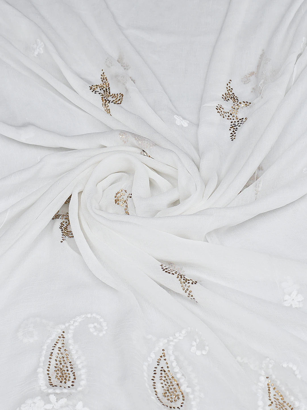 Ada Hand Embroidered White Chiffon Lucknowi Chikankari Dupatta With Mukaish Work 01A527491