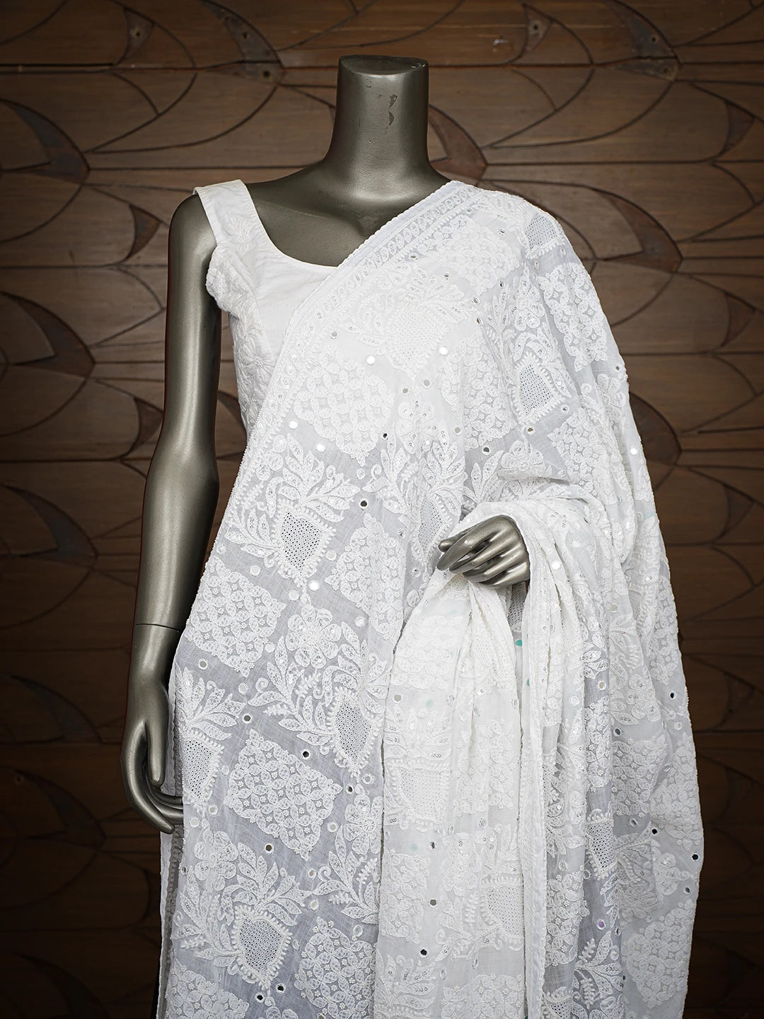 Ada Hand Embroidered White Cotton Lucknowi Chikankari Dupatta With Mirror Work 01A599753