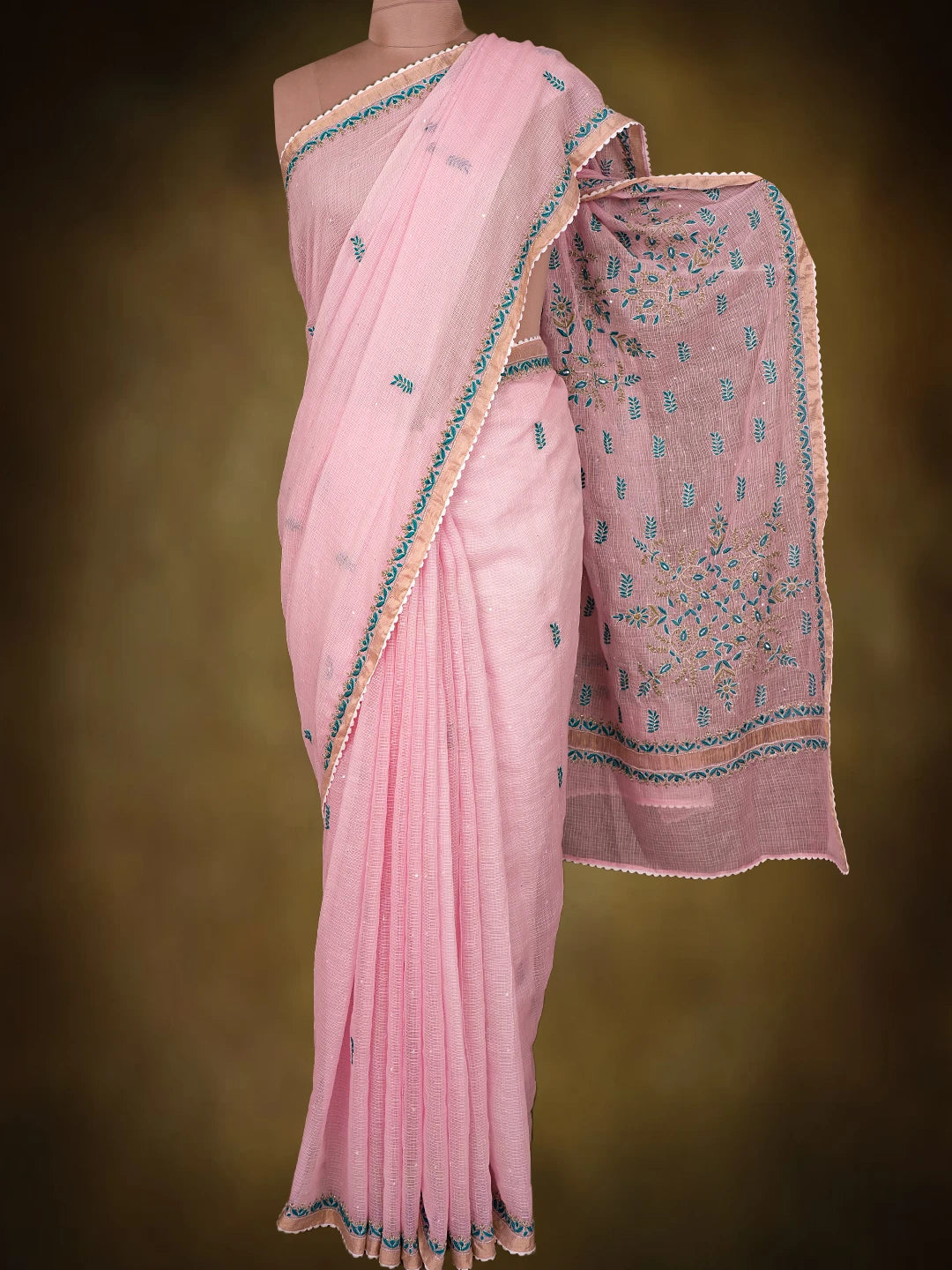 Ada Hand Embroidered Pink Kota Lucknowi Chikankari Saree and Blouse With Sequins Work 01A719311