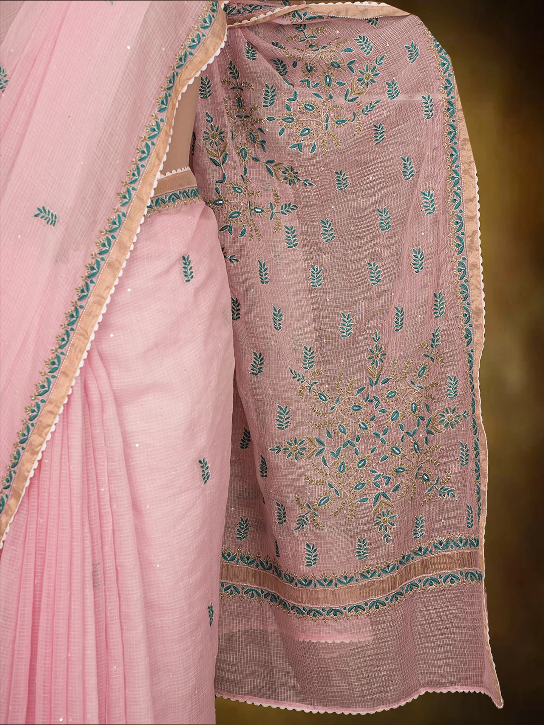 Ada Hand Embroidered Pink Kota Lucknowi Chikankari Saree and Blouse With Sequins Work 01A719311