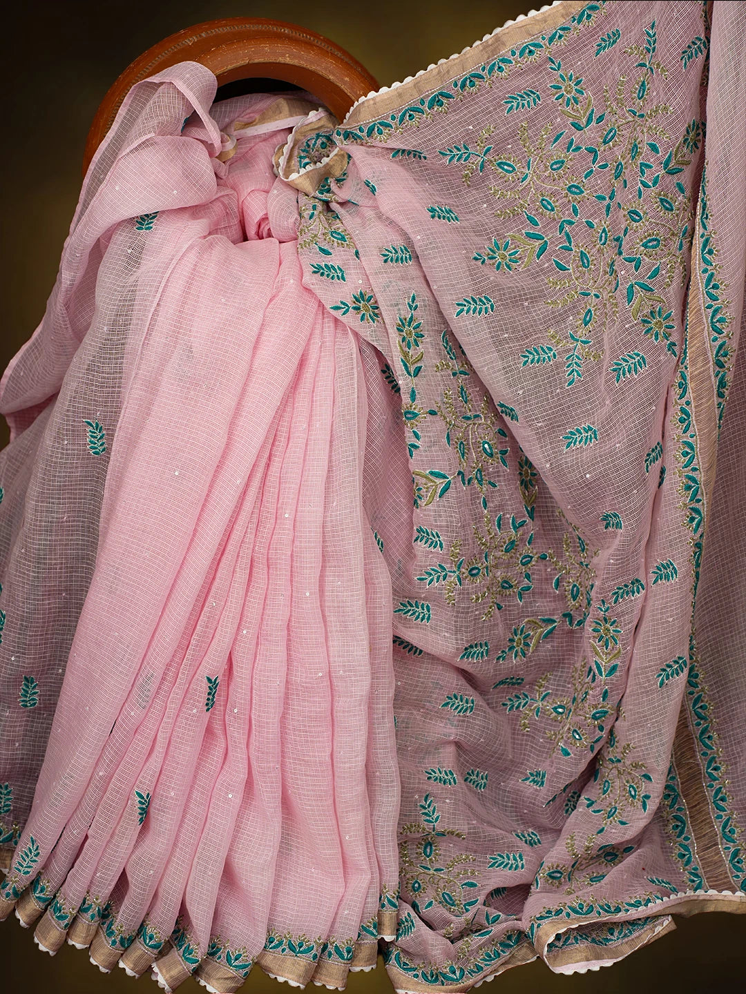 Ada Hand Embroidered Pink Kota Lucknowi Chikankari Saree and Blouse With Sequins Work 01A719311