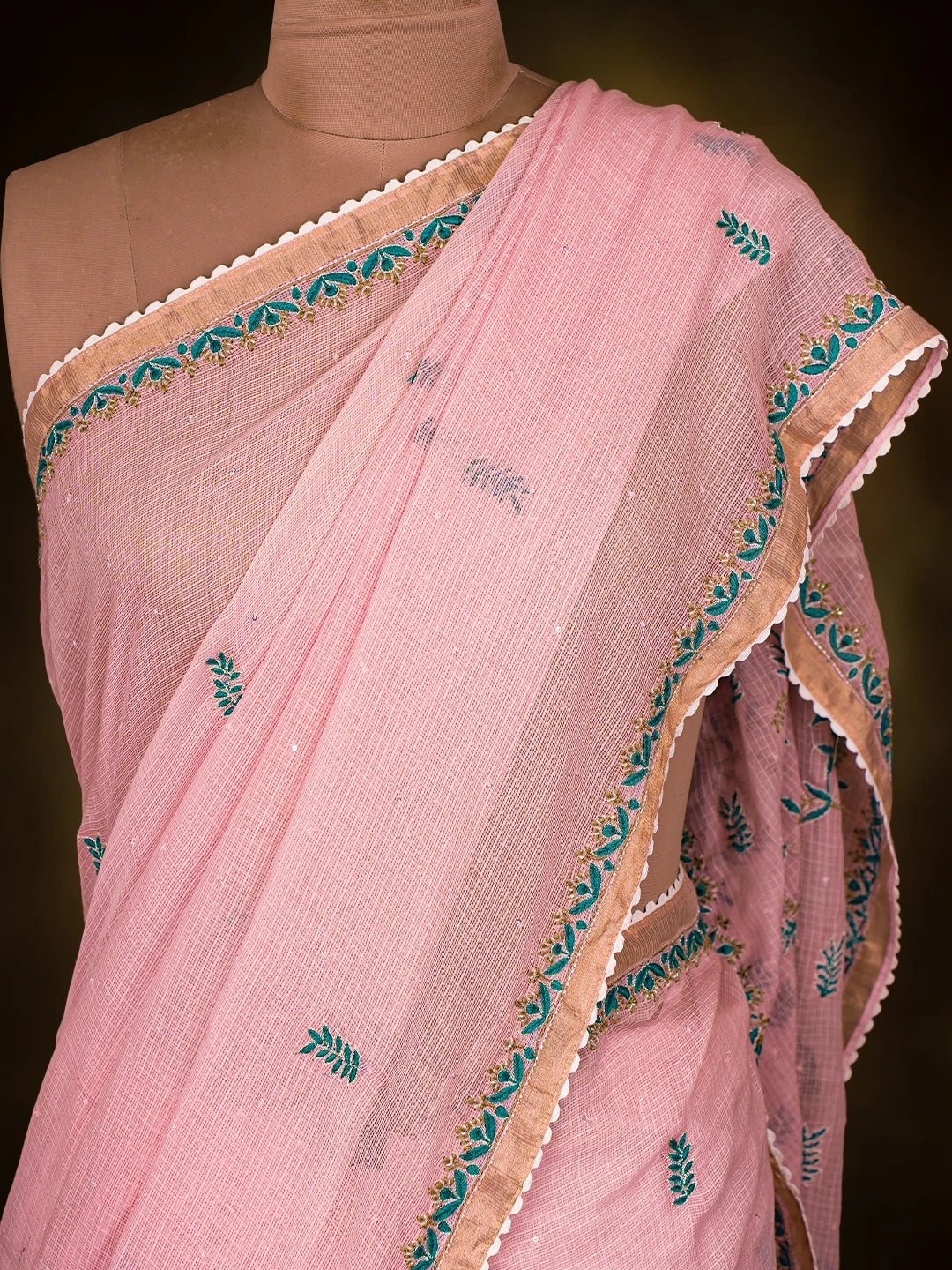 Ada Hand Embroidered Pink Kota Lucknowi Chikankari Saree and Blouse With Sequins Work 01A719311