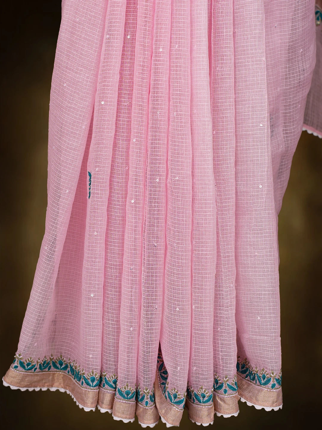 Ada Hand Embroidered Pink Kota Lucknowi Chikankari Saree and Blouse With Sequins Work 01A719311