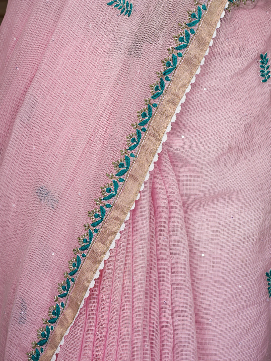 Ada Hand Embroidered Pink Kota Lucknowi Chikankari Saree and Blouse With Sequins Work 01A719311