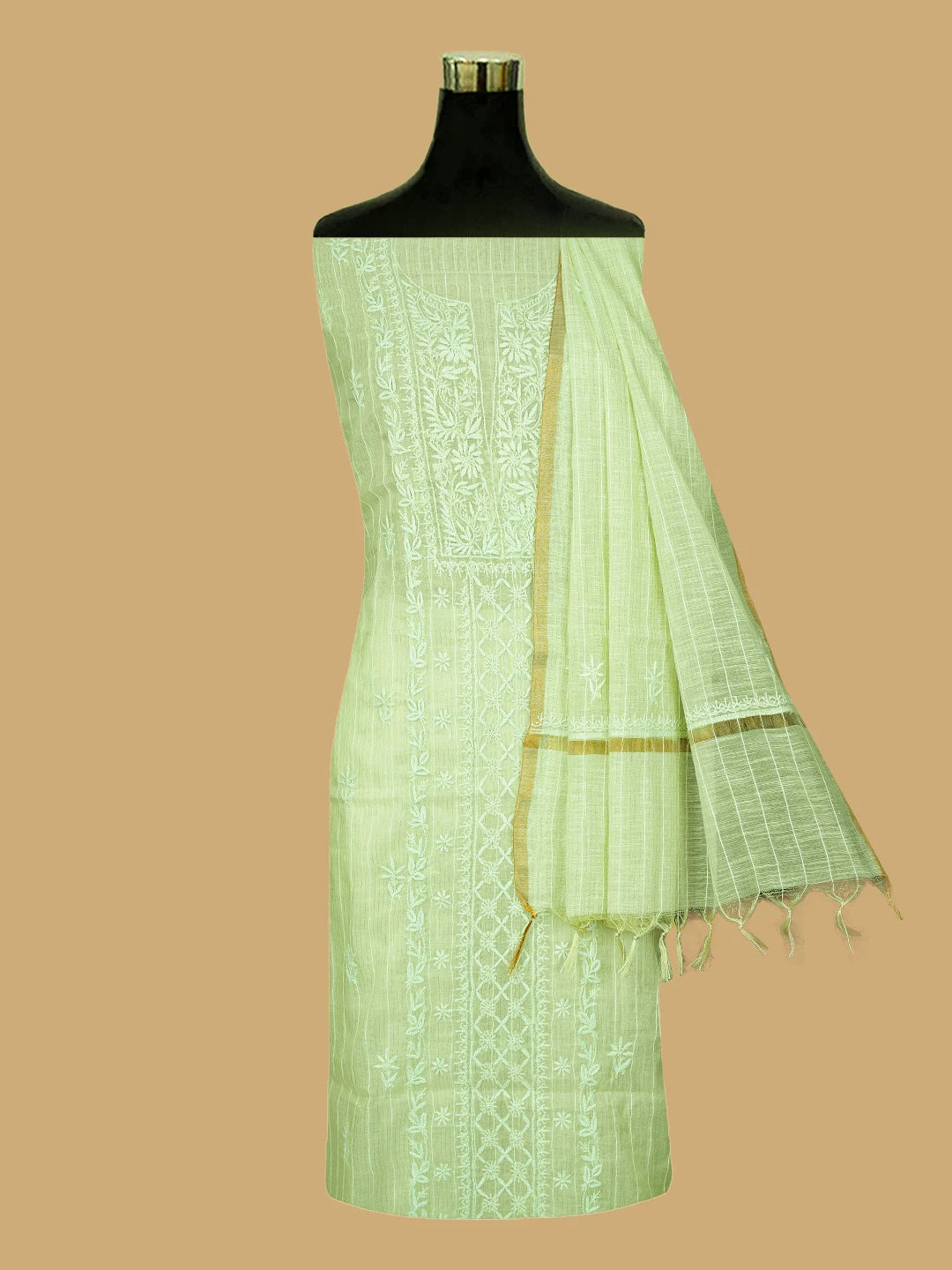 Ada Hand Embroidered Pista Green Chanderi Lucknowi Chikankari Unstitched Suit Piece 01A787698