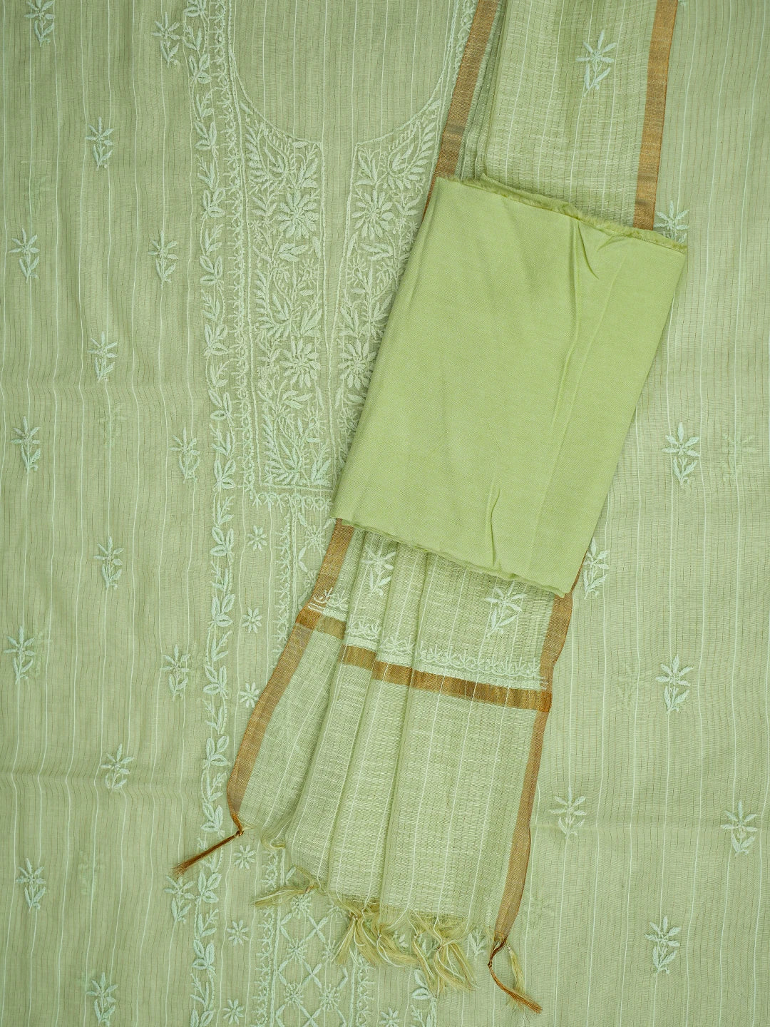 Ada Hand Embroidered Pista Green Chanderi Lucknowi Chikankari Unstitched Suit Piece 01A787698