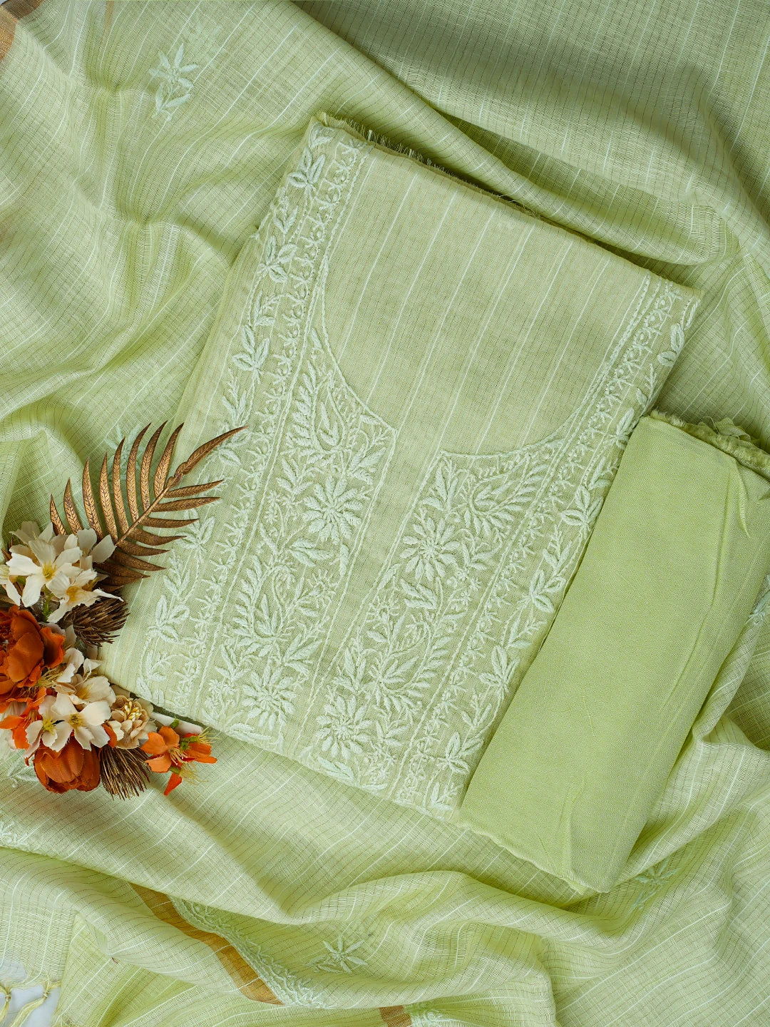 Ada Hand Embroidered Pista Green Chanderi Lucknowi Chikankari Unstitched Suit Piece 01A787698