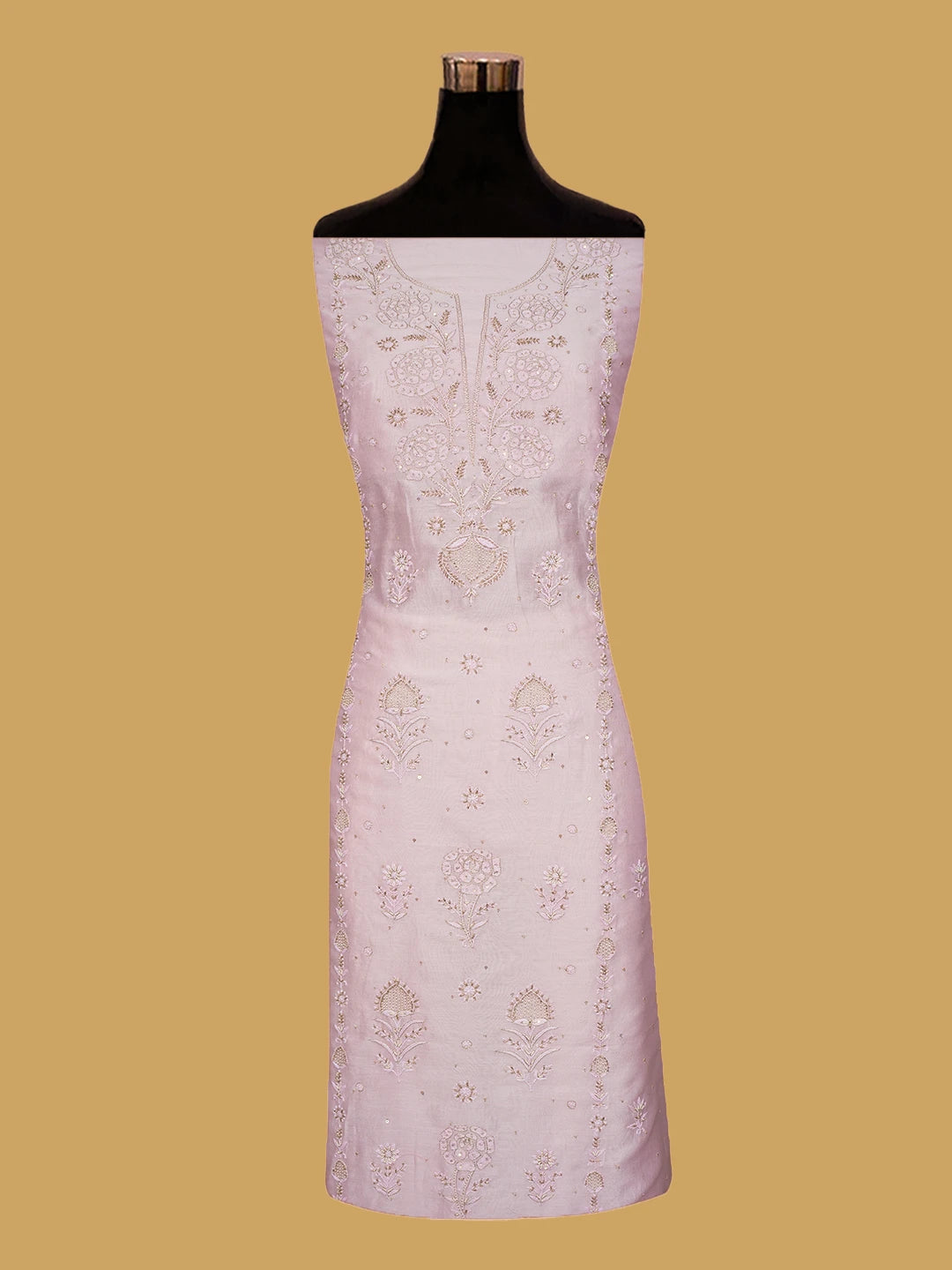 Ada Hand Embroidered Pastel Lavender Chanderi Lucknowi Chikankari Unstitched Kurta Dupatta Set With Pearl Work 01A741663