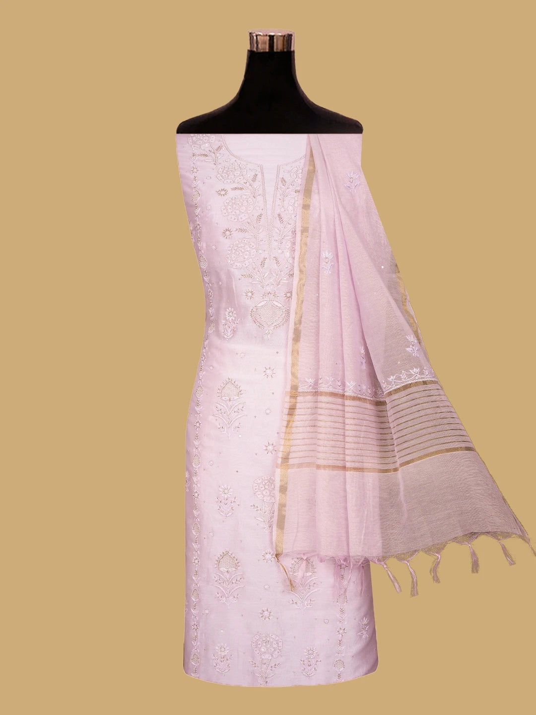 Ada Hand Embroidered Pastel Lavender Chanderi Lucknowi Chikankari Unstitched Kurta Dupatta Set With Pearl Work 01A741663