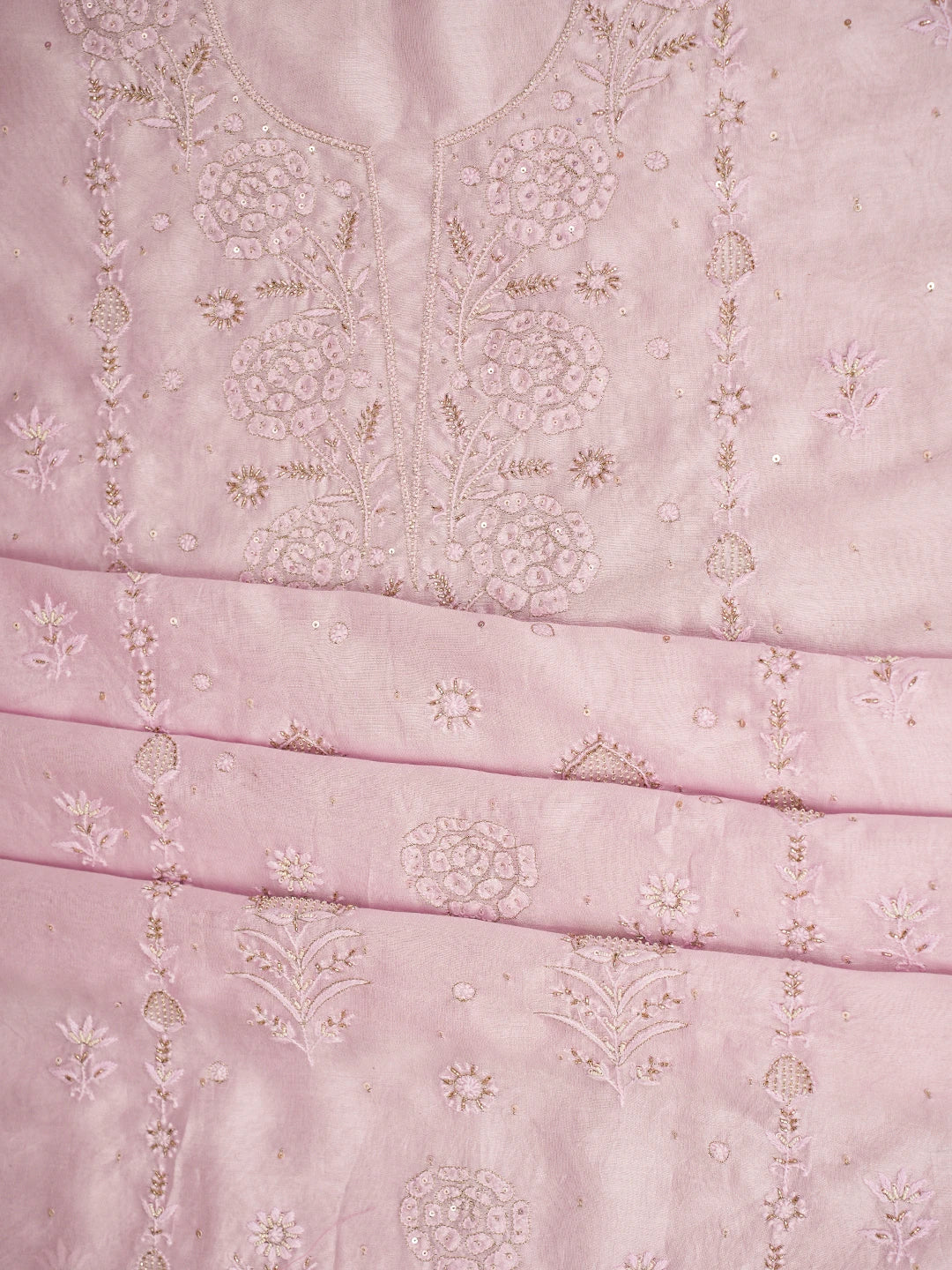 Ada Hand Embroidered Pastel Lavender Chanderi Lucknowi Chikankari Unstitched Kurta Dupatta Set With Pearl Work 01A741663