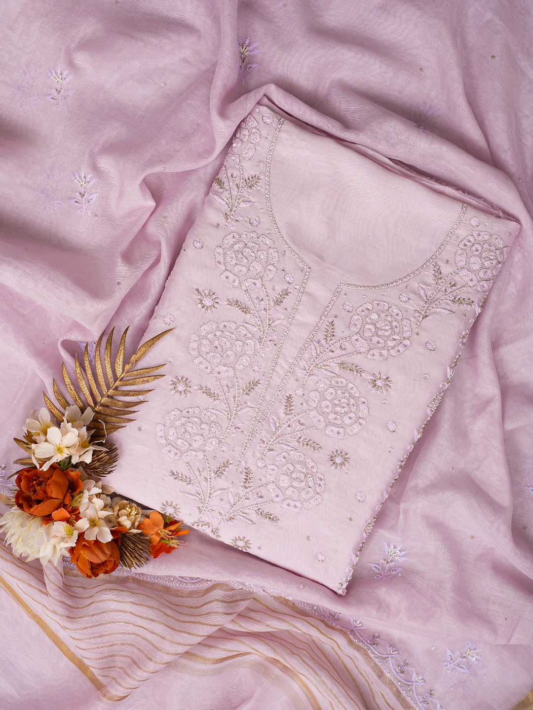 Ada Hand Embroidered Pastel Lavender Chanderi Lucknowi Chikankari Unstitched Kurta Dupatta Set With Pearl Work 01A741663