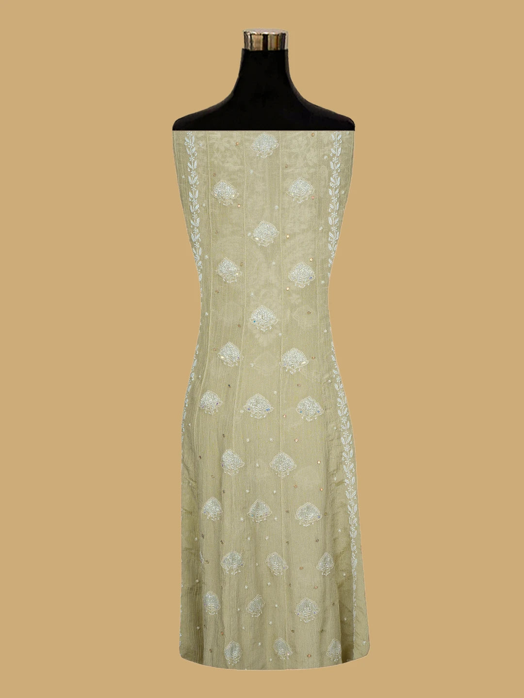 Ada Hand Embroidered Fawn Tissue Lucknowi Chikankari Semi-Stitched Anarkali Kurta Dupatta Set With Cutdana Work 01A805619