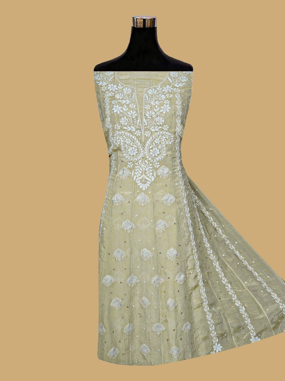 Ada Hand Embroidered Fawn Tissue Lucknowi Chikankari Semi-Stitched Anarkali Kurta Dupatta Set With Cutdana Work 01A805619