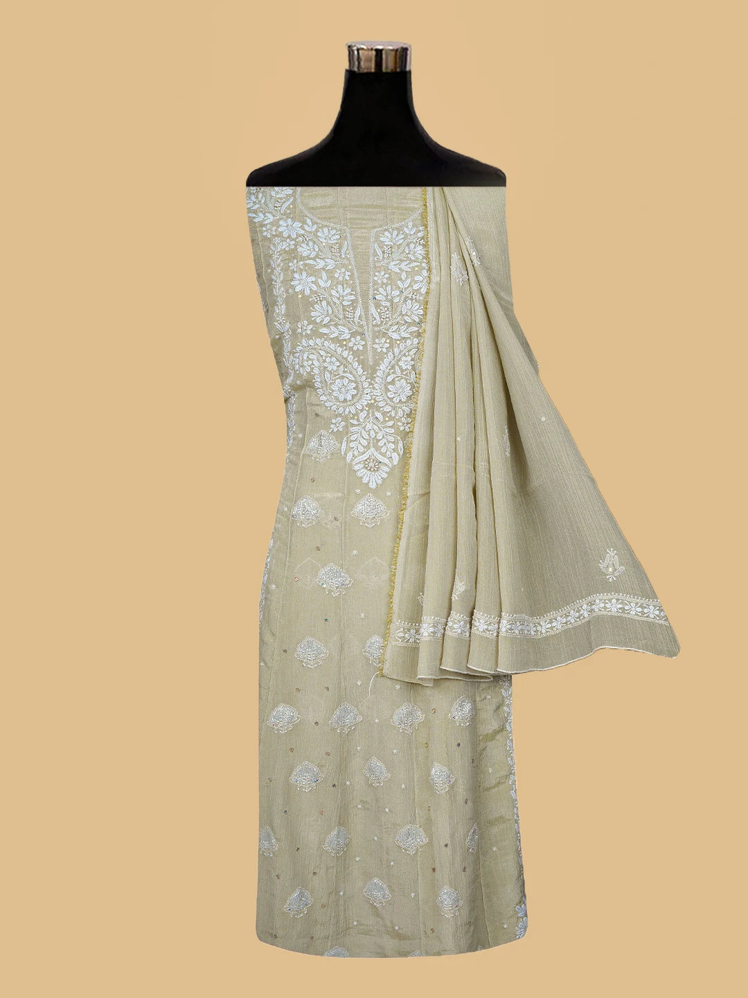 Ada Hand Embroidered Fawn Tissue Lucknowi Chikankari Semi-Stitched Anarkali Kurta Dupatta Set With Cutdana Work 01A805619