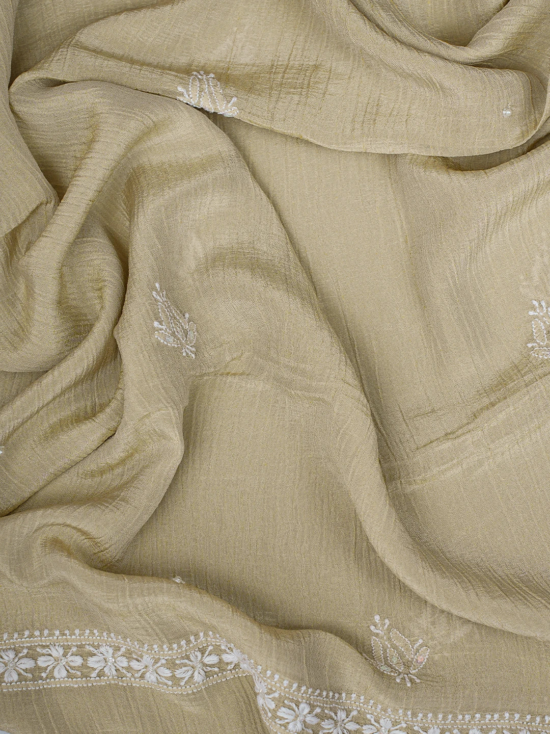 Ada Hand Embroidered Fawn Tissue Lucknowi Chikankari Semi-Stitched Anarkali Kurta Dupatta Set With Cutdana Work 01A805619