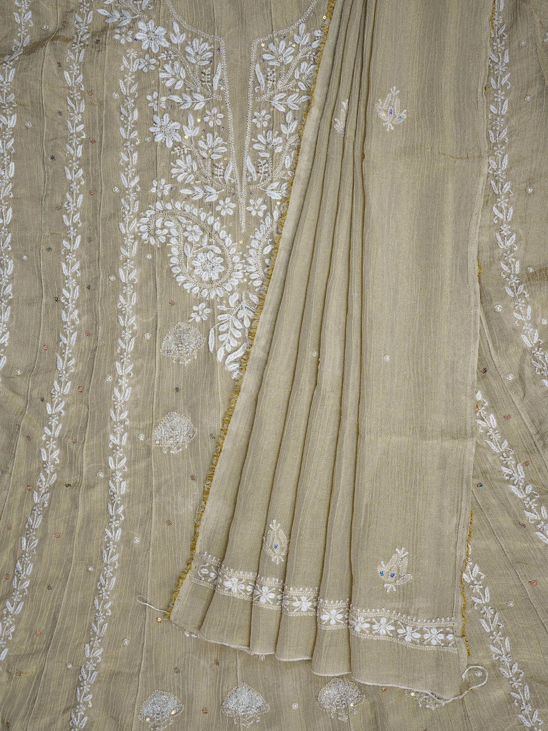 Ada Hand Embroidered Fawn Tissue Lucknowi Chikankari Semi-Stitched Anarkali Kurta Dupatta Set With Cutdana Work 01A805619