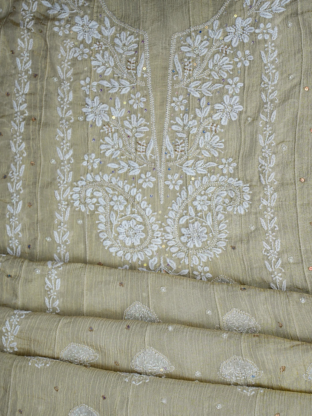 Ada Hand Embroidered Fawn Tissue Lucknowi Chikankari Semi-Stitched Anarkali Kurta Dupatta Set With Cutdana Work 01A805619