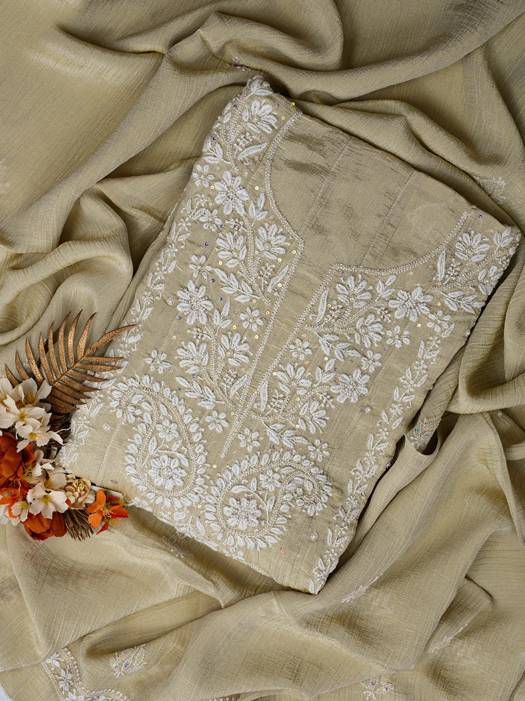 Ada Hand Embroidered Fawn Tissue Lucknowi Chikankari Semi-Stitched Anarkali Kurta Dupatta Set With Cutdana Work 01A805619