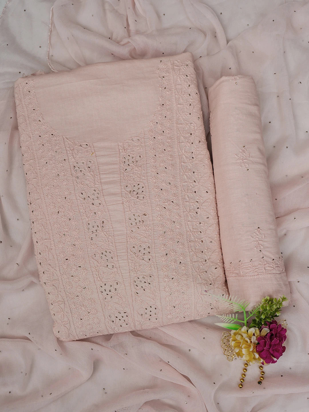 Ada Hand Embroidered Dusty Peach Cotton Lucknowi Chikankari Unstitched Suit Piece With Muqaish Work 01A260000