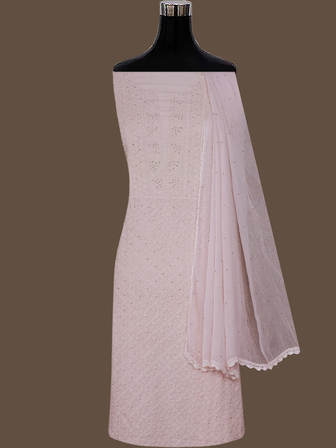 Ada Hand Embroidered Dusty Peach Cotton Lucknowi Chikankari Unstitched Suit Piece With Muqaish Work 01A260000