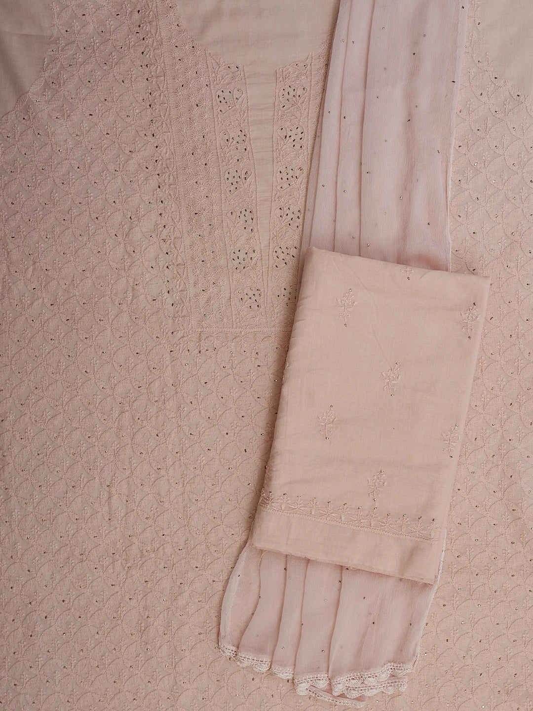 Ada Hand Embroidered Dusty Peach Cotton Lucknowi Chikankari Unstitched Suit Piece With Muqaish Work 01A260000