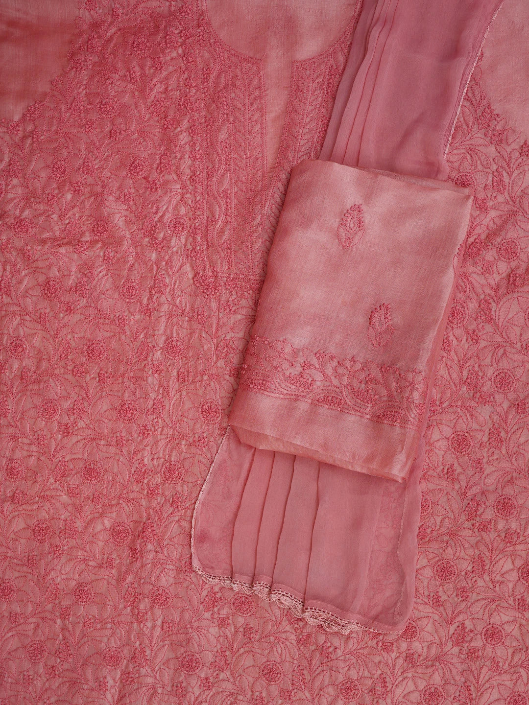 Ada Hand Embroidered Desert Coral Peach Silk Lucknowi Chikankari Unstitched Suit Piece 01A702869