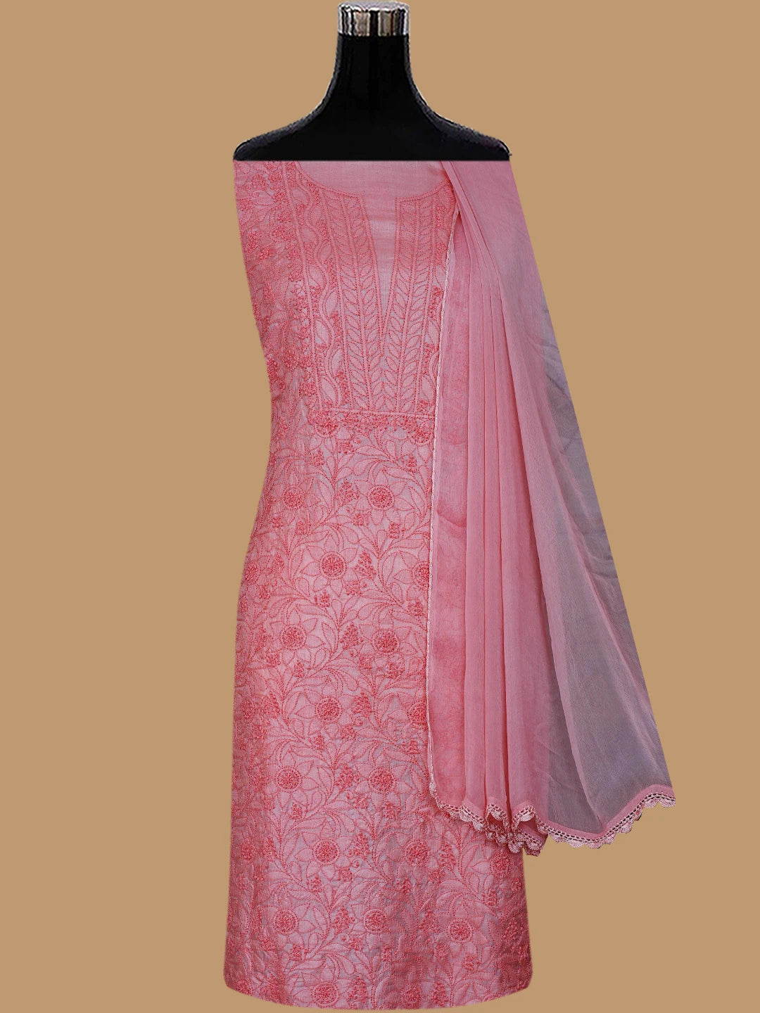 Ada Hand Embroidered Desert Coral Peach Silk Lucknowi Chikankari Unstitched Suit Piece 01A702869