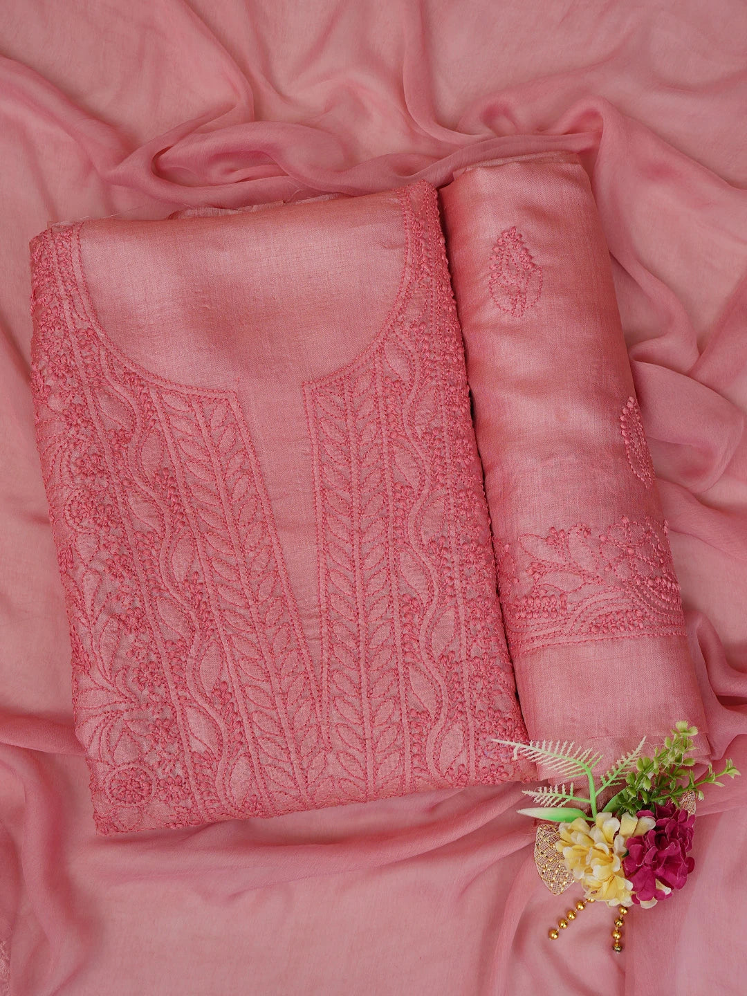Ada Hand Embroidered Desert Coral Peach Silk Lucknowi Chikankari Unstitched Suit Piece 01A702869