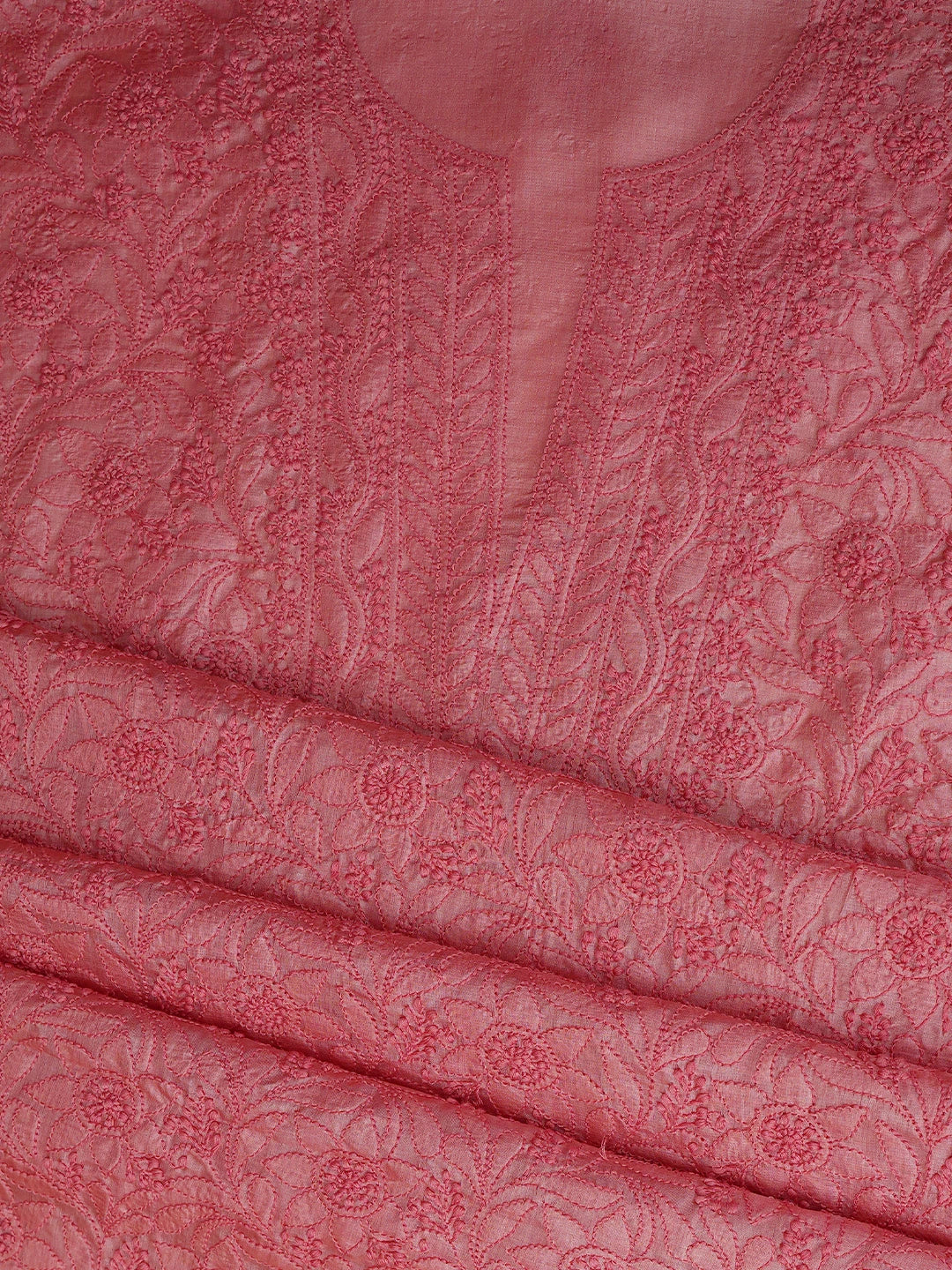 Ada Hand Embroidered Desert Coral Peach Silk Lucknowi Chikankari Unstitched Suit Piece 01A702869