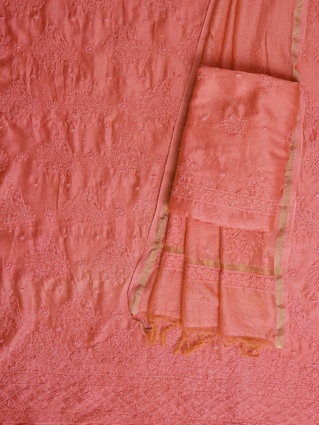 Ada Hand Embroidered Georgia Peach Chanderi Lucknowi Chikankari Unstitched Suit Piece 01A665569