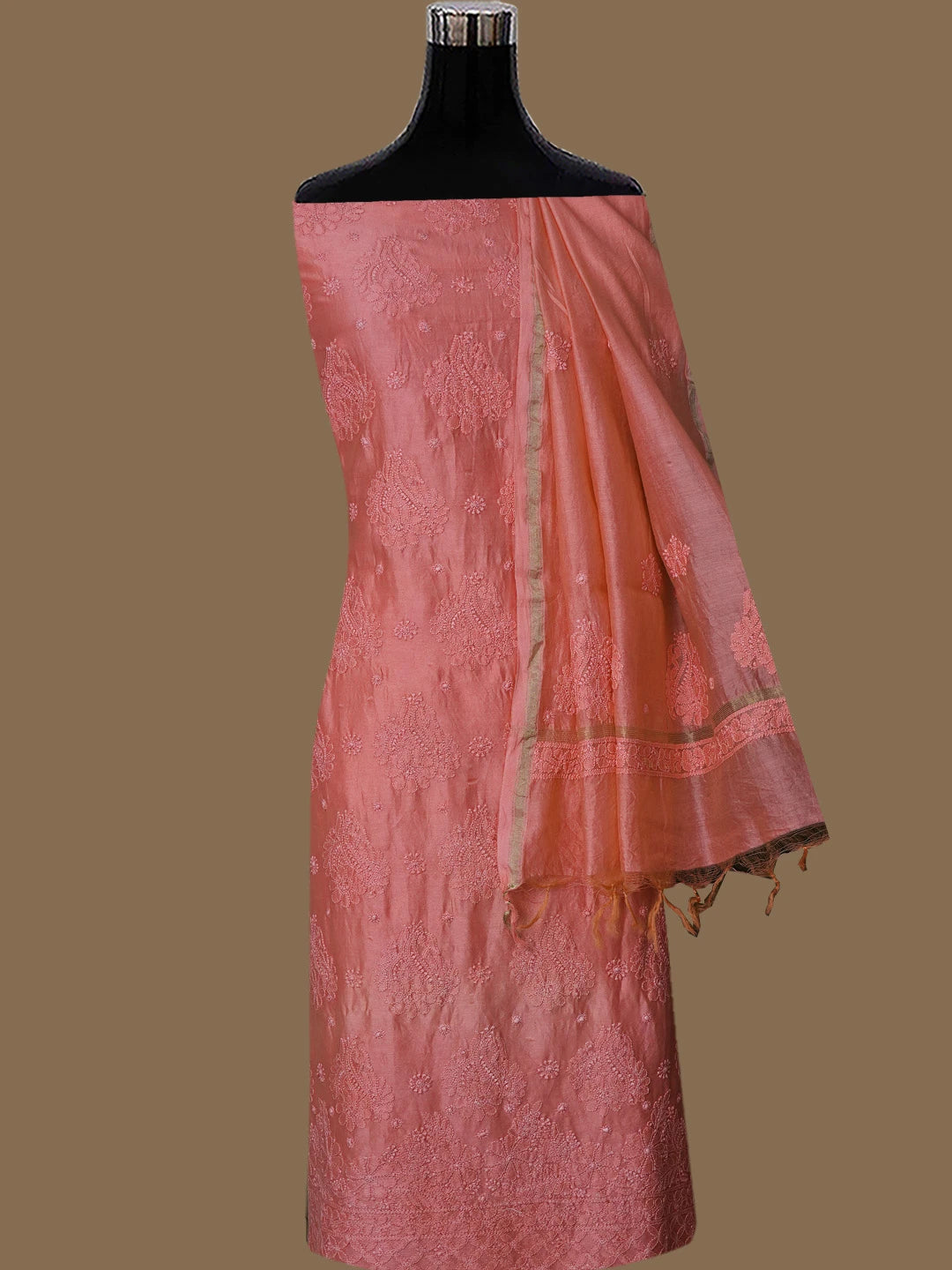 Ada Hand Embroidered Georgia Peach Chanderi Lucknowi Chikankari Unstitched Suit Piece 01A665569
