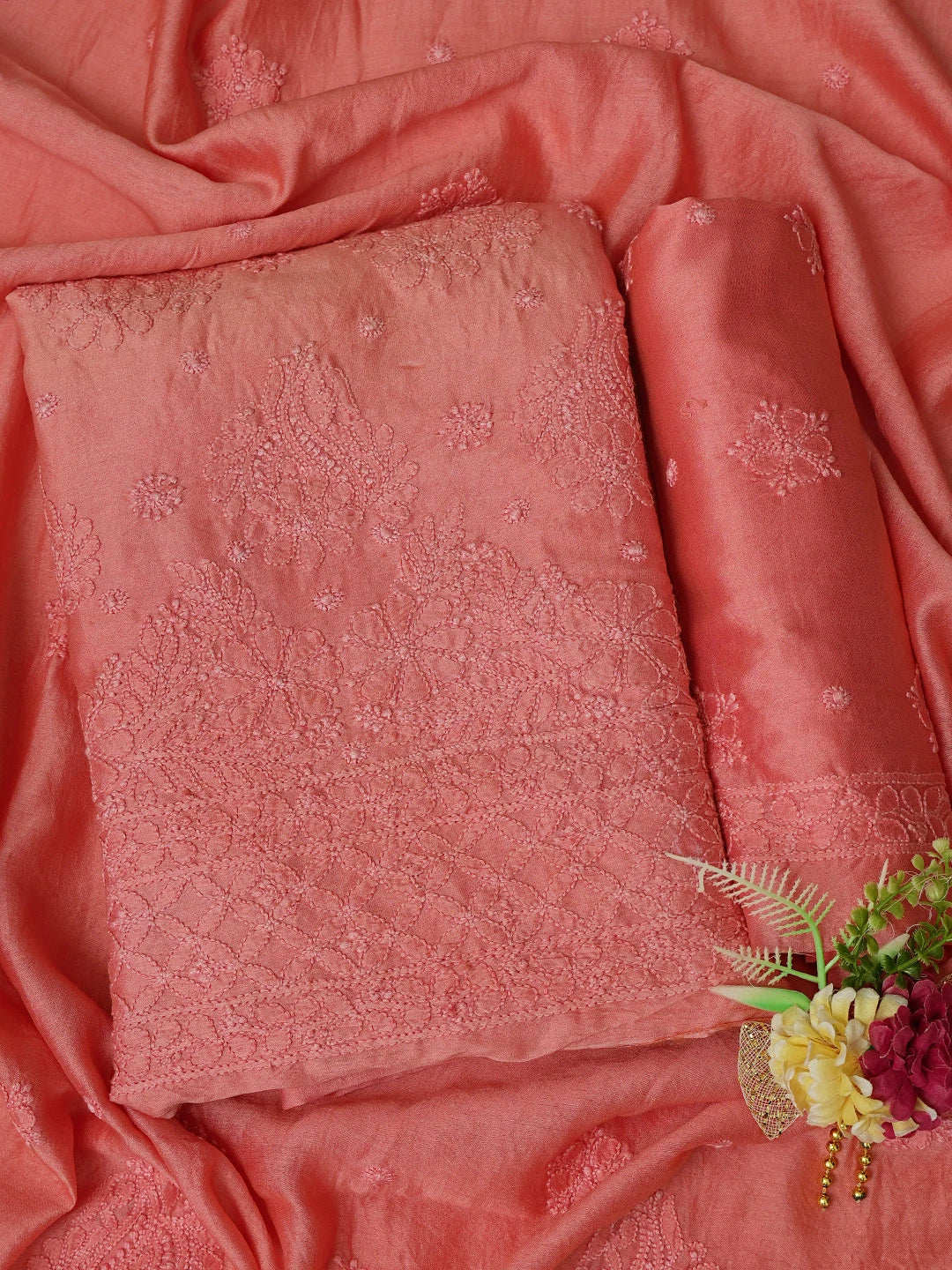 Ada Hand Embroidered Georgia Peach Chanderi Lucknowi Chikankari Unstitched Suit Piece 01A665569
