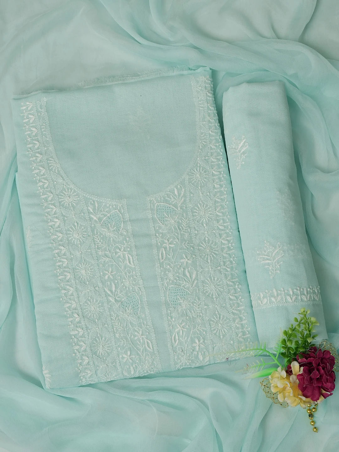 Ada Hand Embroidered Pastel Blue Cotton Lucknowi Chikankari Unstitched Suit Piece 01A773685