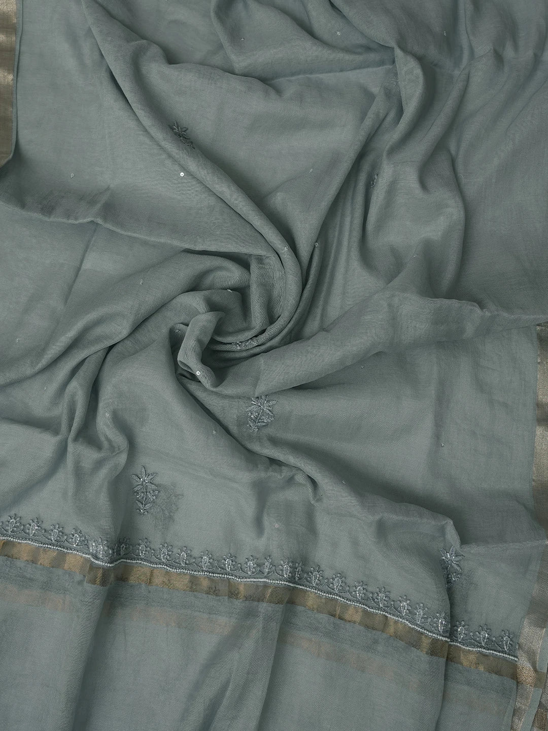 Ada Hand Embroidered Grey Chanderi Lucknowi Chikankari Unstitched Kurta Dupatta Set With Cutdana Work 01A771934