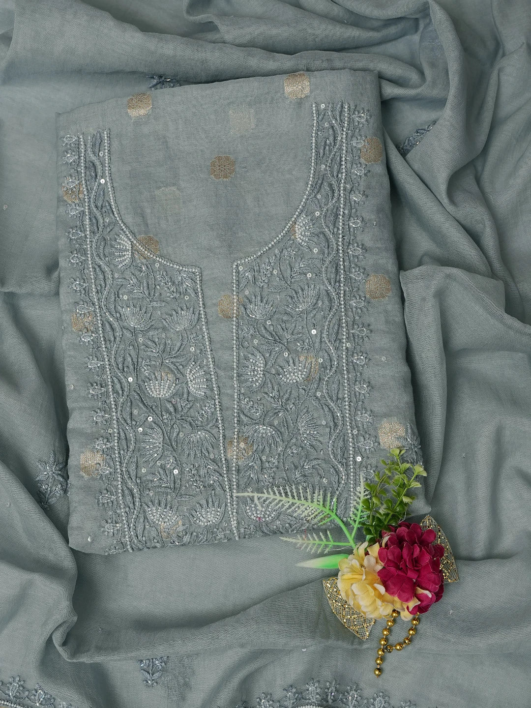 Ada Hand Embroidered Grey Chanderi Lucknowi Chikankari Unstitched Kurta Dupatta Set With Cutdana Work 01A771934
