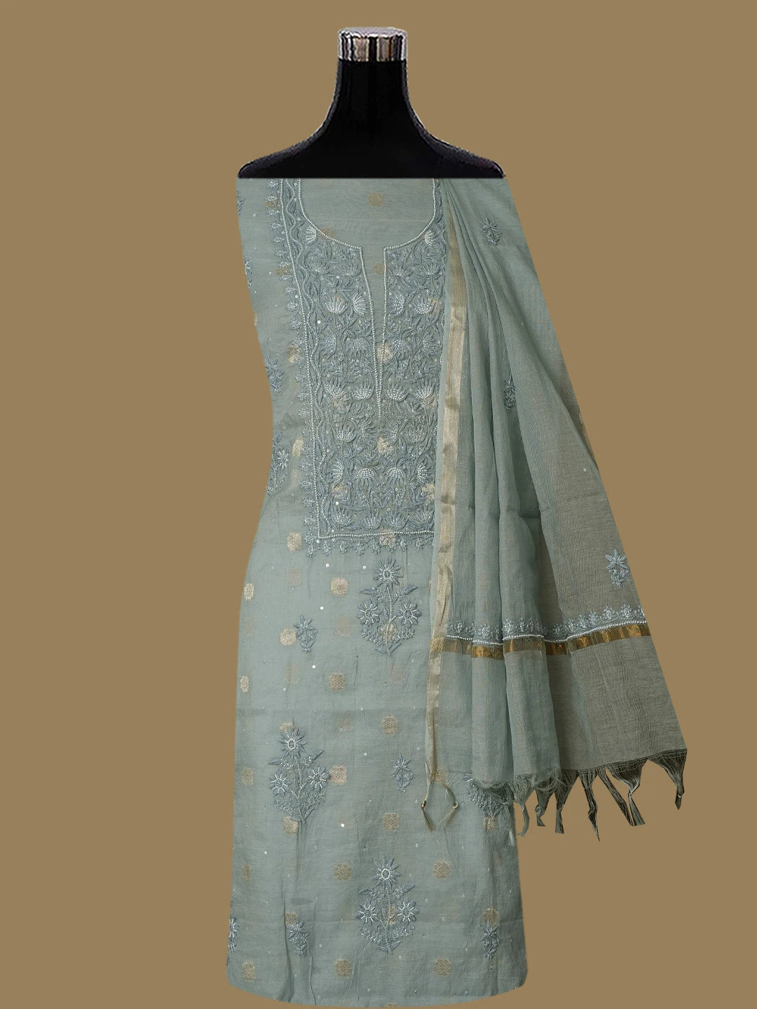 Ada Hand Embroidered Grey Chanderi Lucknowi Chikankari Unstitched Kurta Dupatta Set With Cutdana Work 01A771934