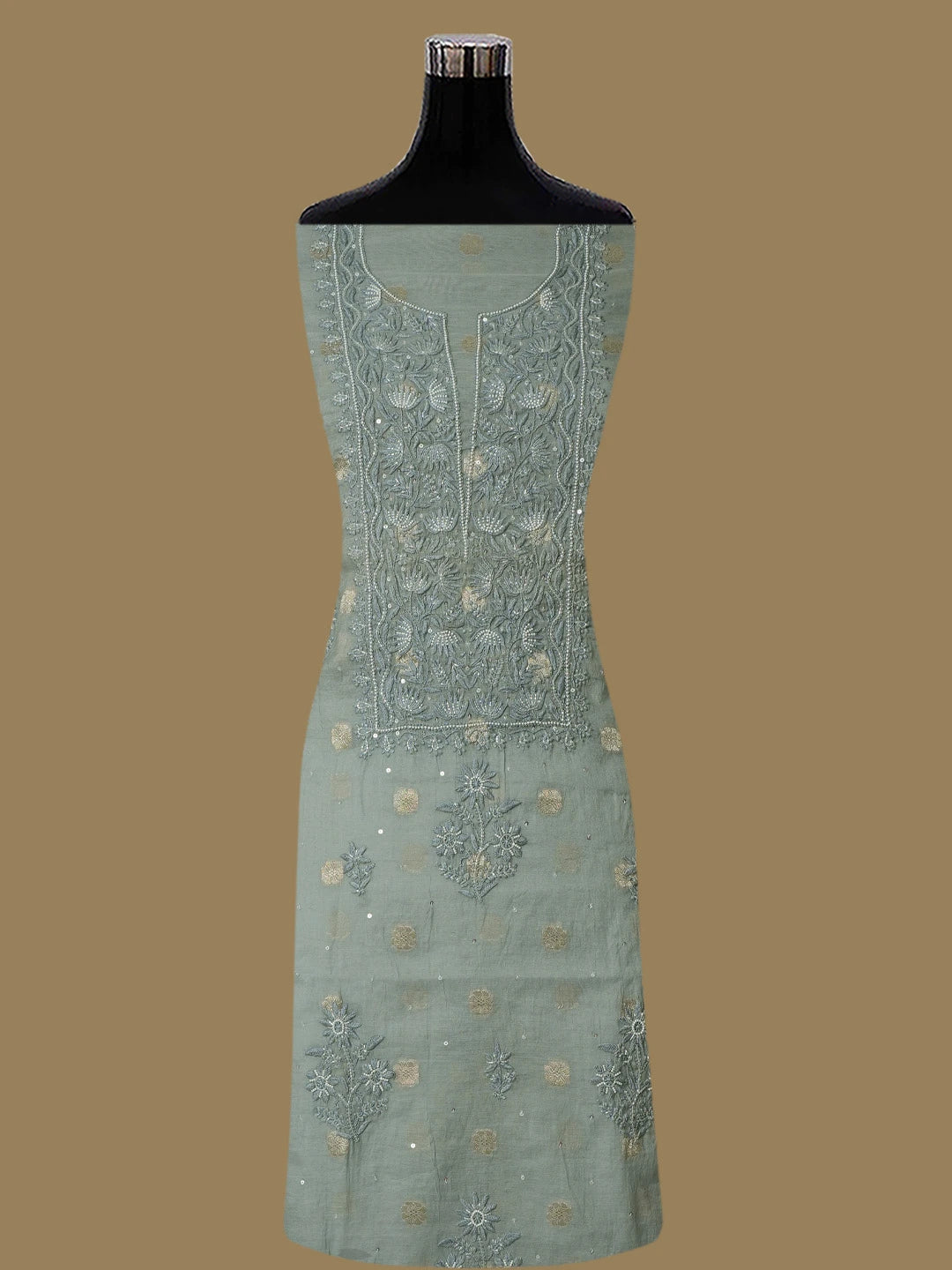 Ada Hand Embroidered Grey Chanderi Lucknowi Chikankari Unstitched Kurta Dupatta Set With Cutdana Work 01A771934