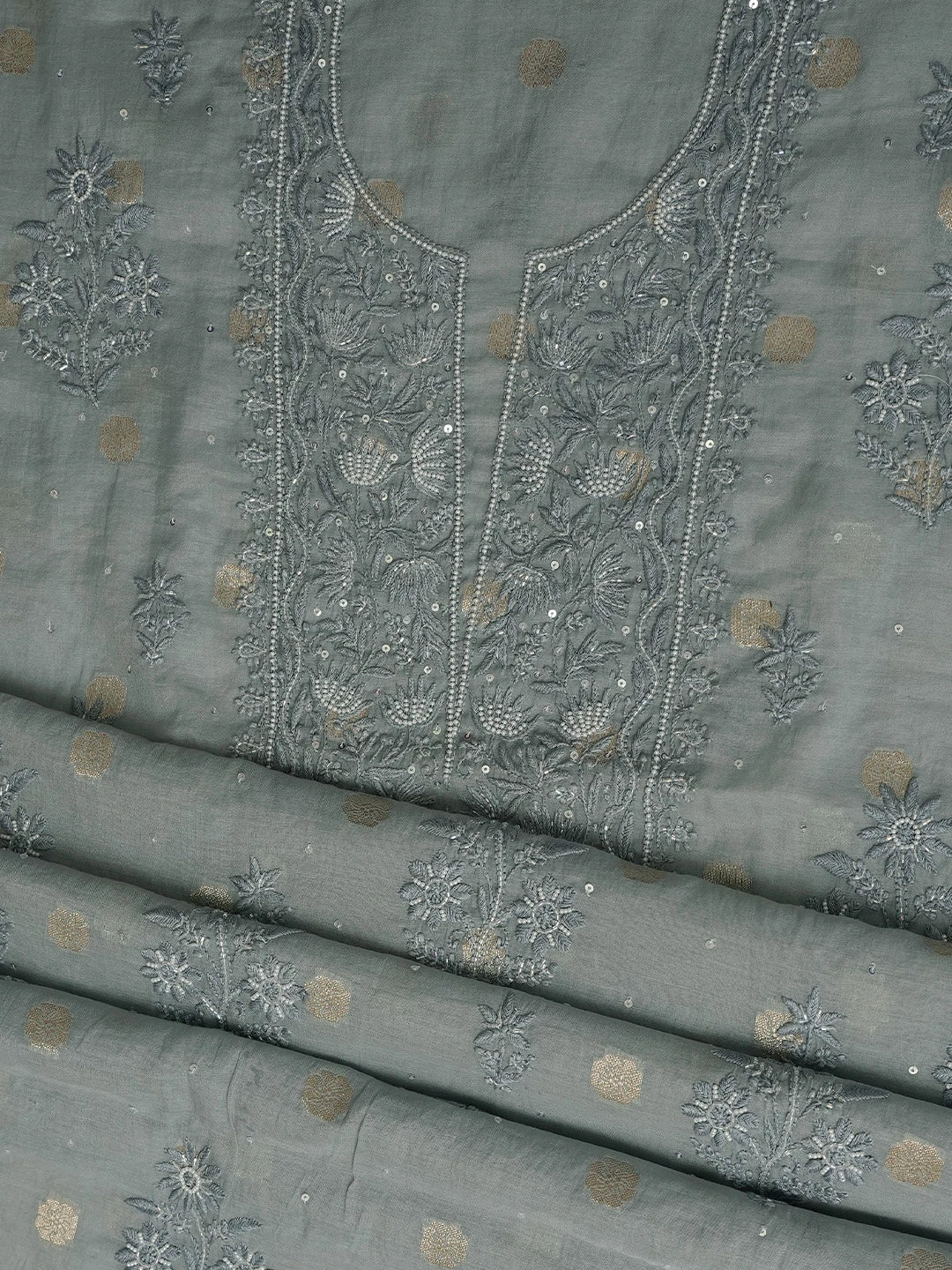 Ada Hand Embroidered Grey Chanderi Lucknowi Chikankari Unstitched Kurta Dupatta Set With Cutdana Work 01A771934