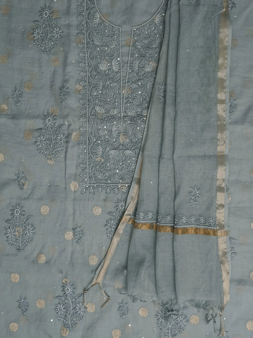Ada Hand Embroidered Grey Chanderi Lucknowi Chikankari Unstitched Kurta Dupatta Set With Cutdana Work 01A771934