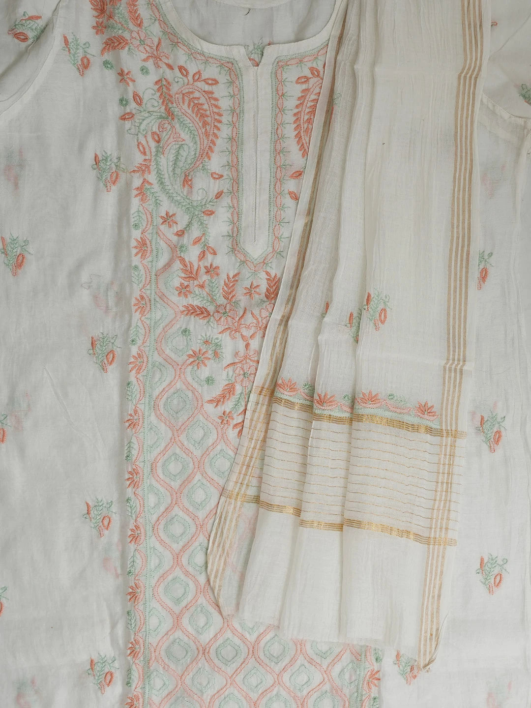 Ada Hand Embroidered White Chanderi Lucknowi Chikankari Semi-Stitched Kurta Dupatta Set 01A736090