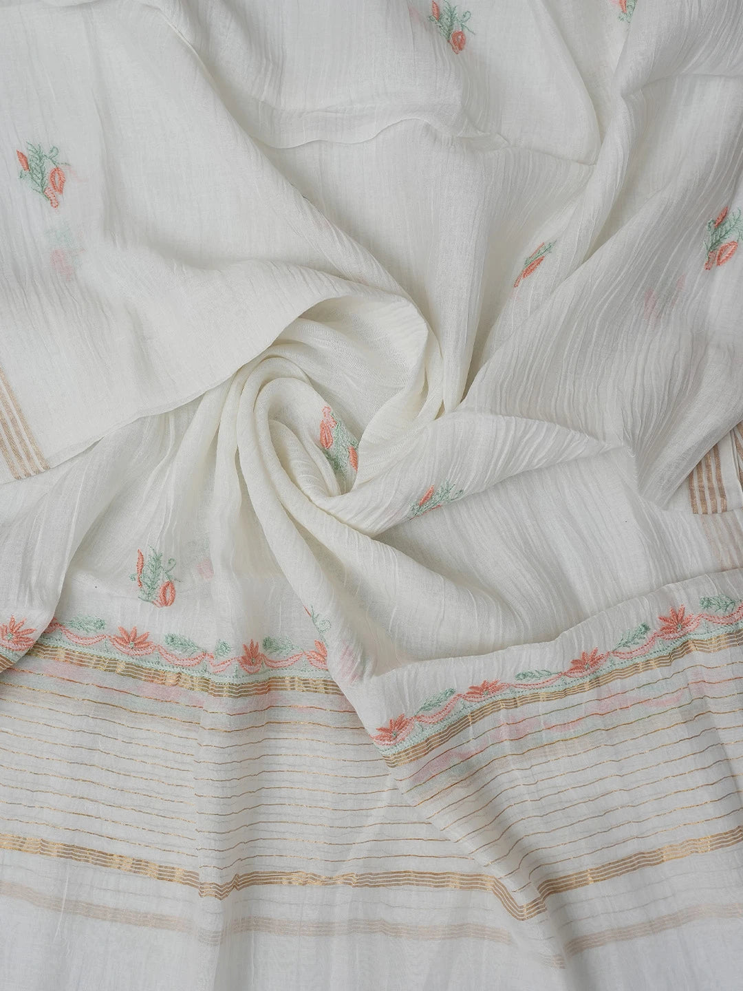Ada Hand Embroidered White Chanderi Lucknowi Chikankari Semi-Stitched Kurta Dupatta Set 01A736090