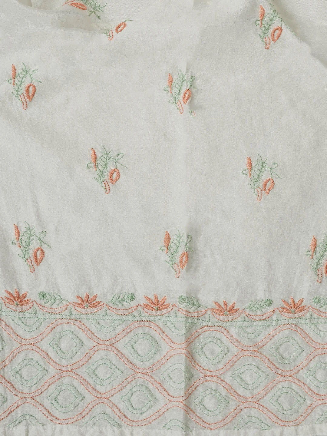 Ada Hand Embroidered White Chanderi Lucknowi Chikankari Semi-Stitched Kurta Dupatta Set 01A736090