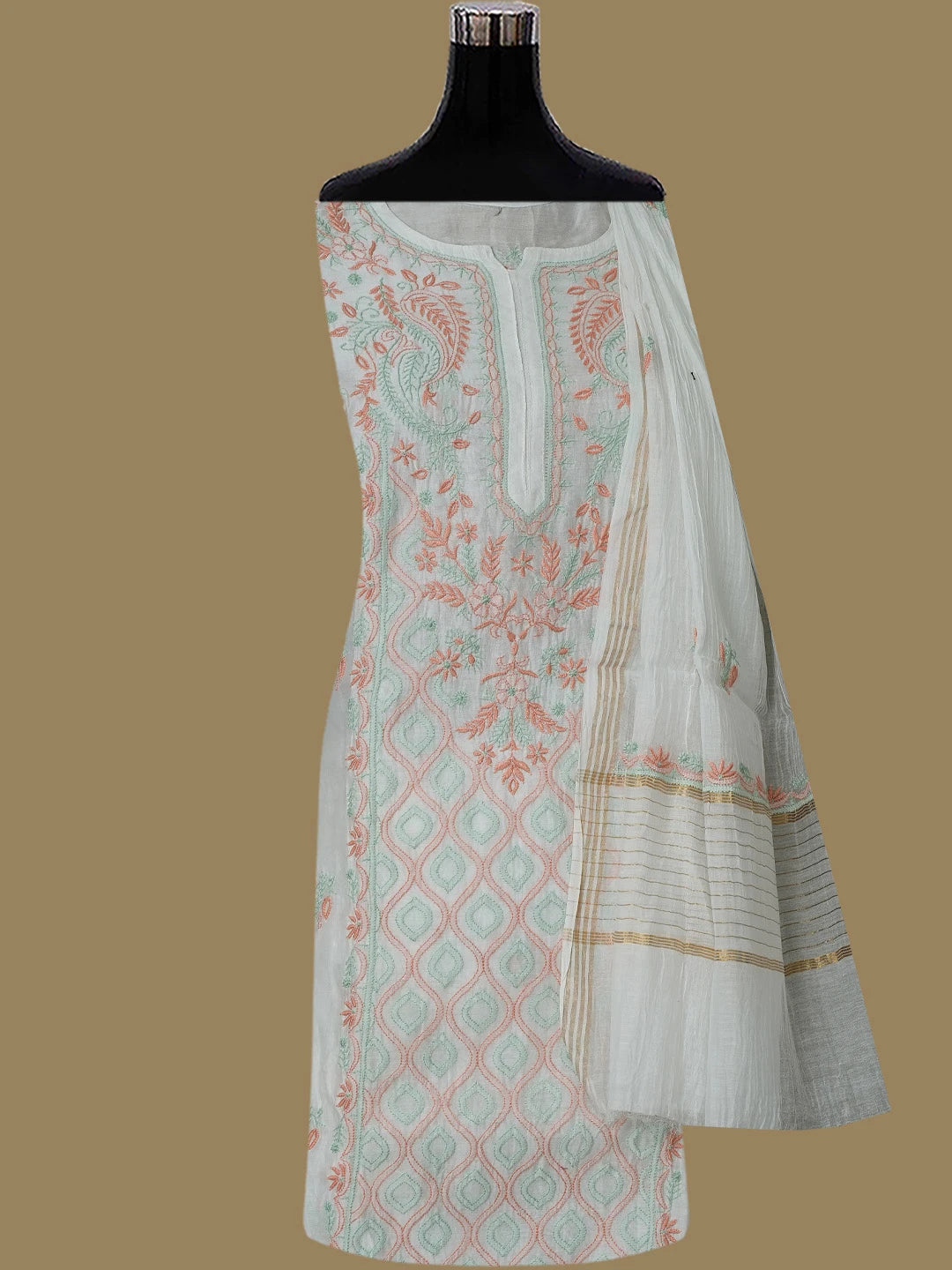 Ada Hand Embroidered White Chanderi Lucknowi Chikankari Semi-Stitched Kurta Dupatta Set 01A736090