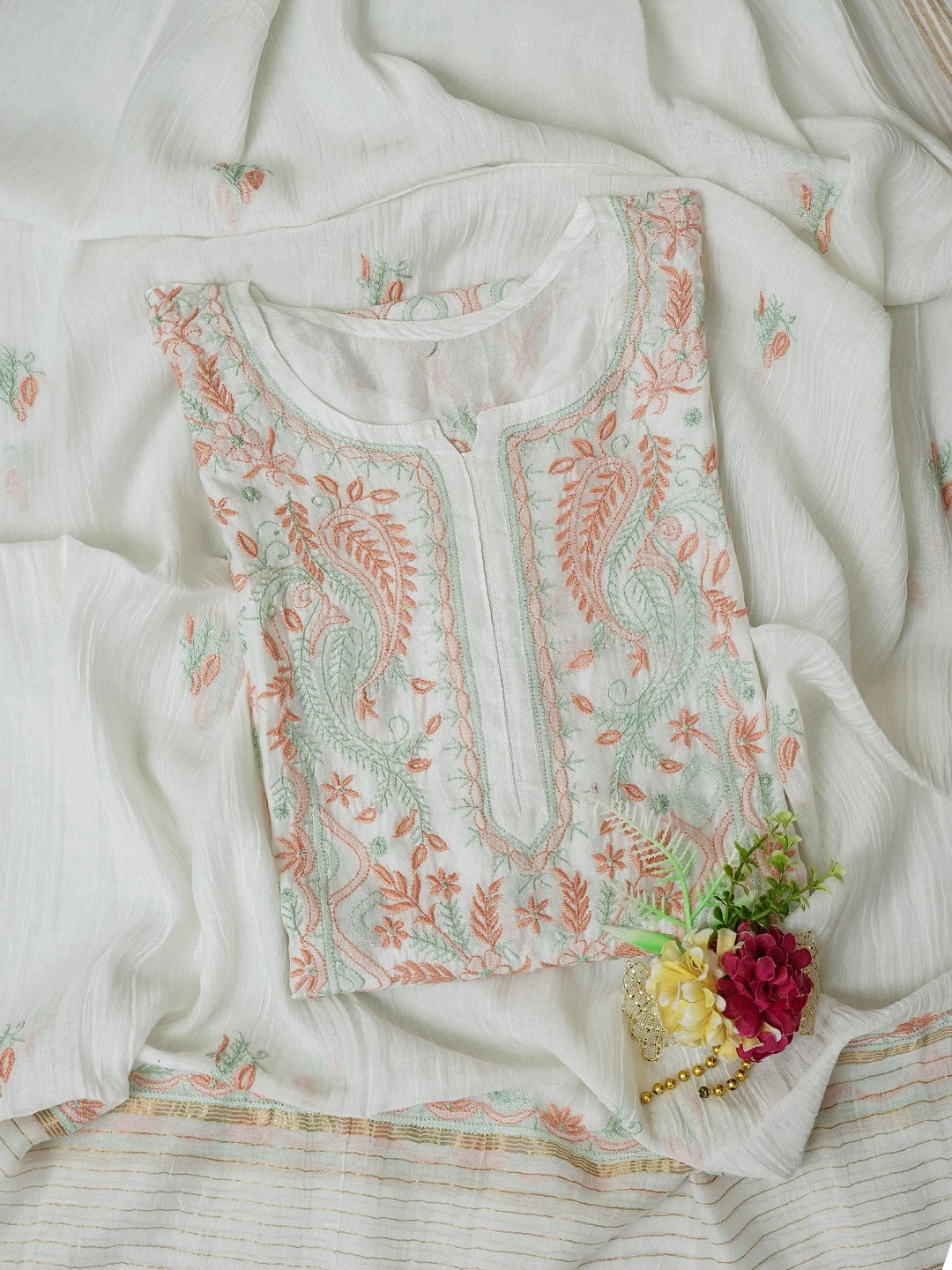 Ada Hand Embroidered White Chanderi Lucknowi Chikankari Semi-Stitched Kurta Dupatta Set 01A736090