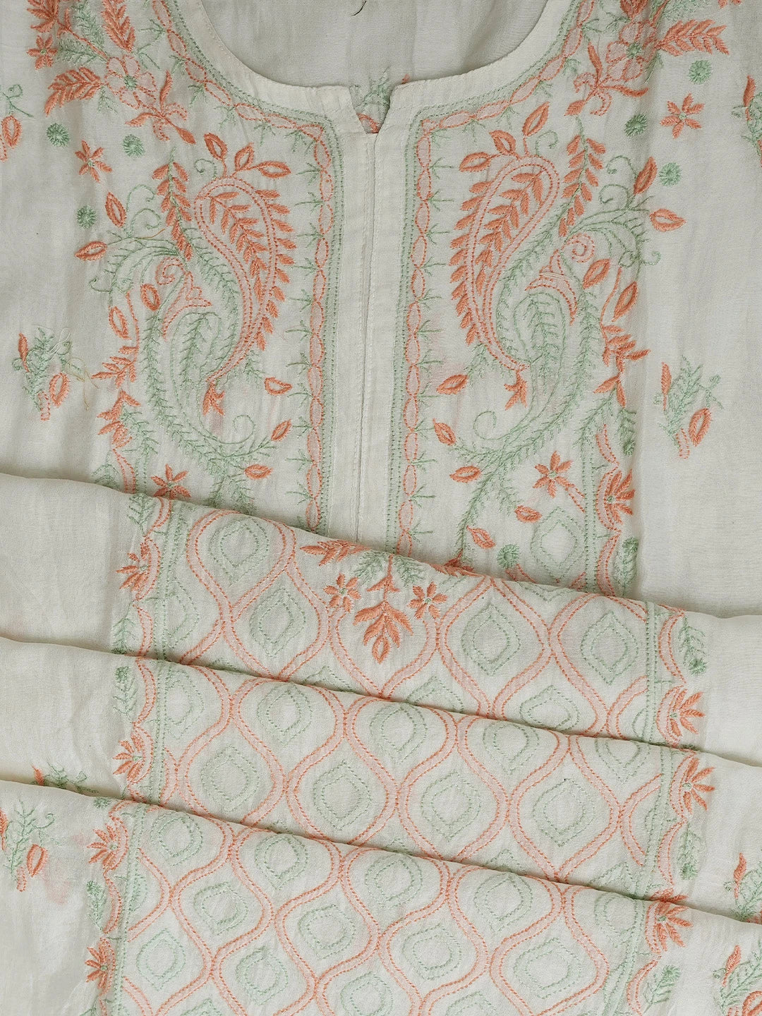 Ada Hand Embroidered White Chanderi Lucknowi Chikankari Semi-Stitched Kurta Dupatta Set 01A736090