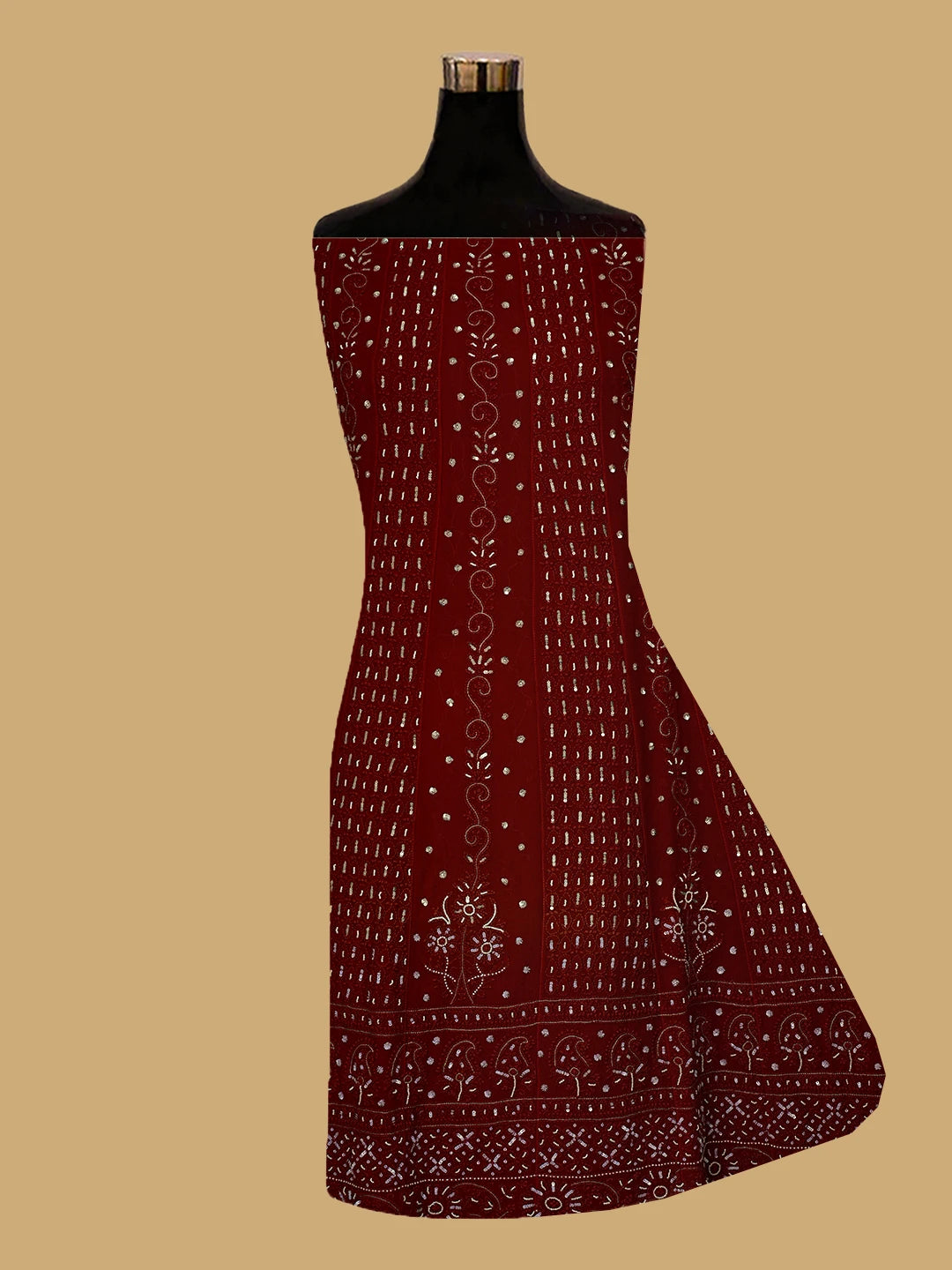Ada Hand Embroidered Maroon Viscose Georgette Lucknowi Chikankari Semi-Stitched Anarkali Kurta Piece With Zari Work 01A288225