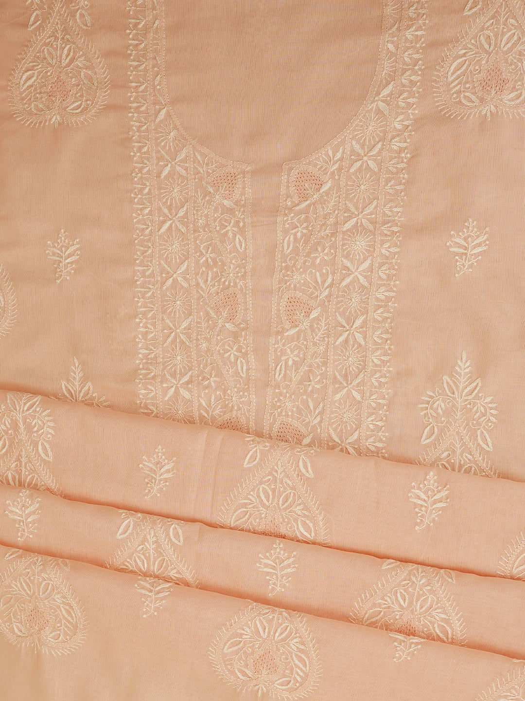 Ada Hand Embroidered Creamy Peach Cotton Lucknowi Chikankari Unstitched Suit Piece 01A773695