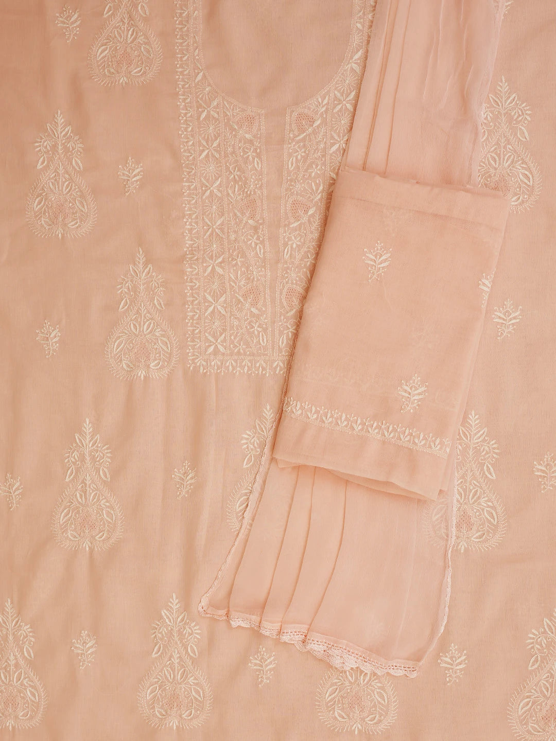 Ada Hand Embroidered Creamy Peach Cotton Lucknowi Chikankari Unstitched Suit Piece 01A773695